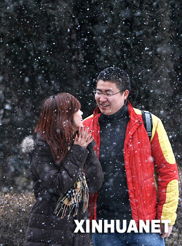 11月19日,一对情侣行走在飘雪的哈尔滨街头。当日,冰城哈尔滨降下2007年冬的第一场雪。 新华社记者 高增双 摄