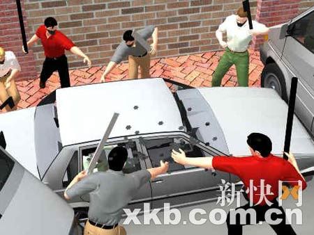运款车被前后夹击,劫匪砸破车窗抢走270现金。杨志成/制图