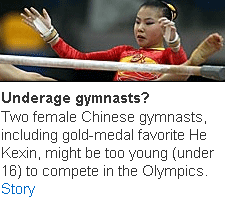 這條質疑中國體操選手年齡的新聞被推上了雅虎奧運的頭條