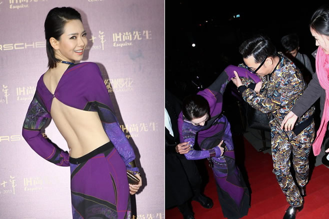 戚薇懒理出柜绯闻亮相 大秀性感美背险摔倒
