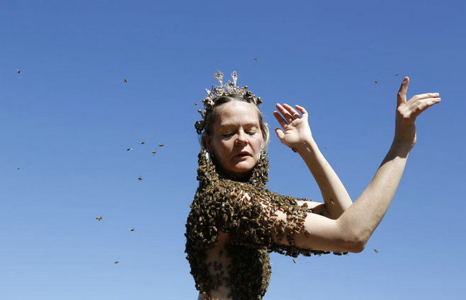 女子身披万只蜜蜂赤裸起舞 十几年都穿着这种“蜜蜂上衣”