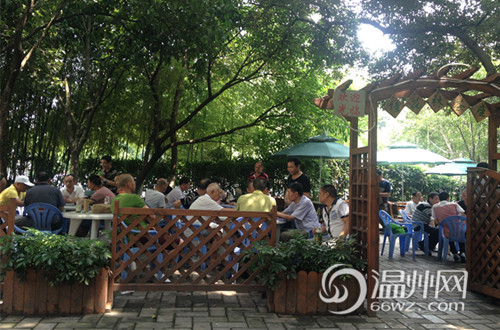 7月5日上午,市区中山公园一处茶座,不少市民正坐着喝茶聊天.