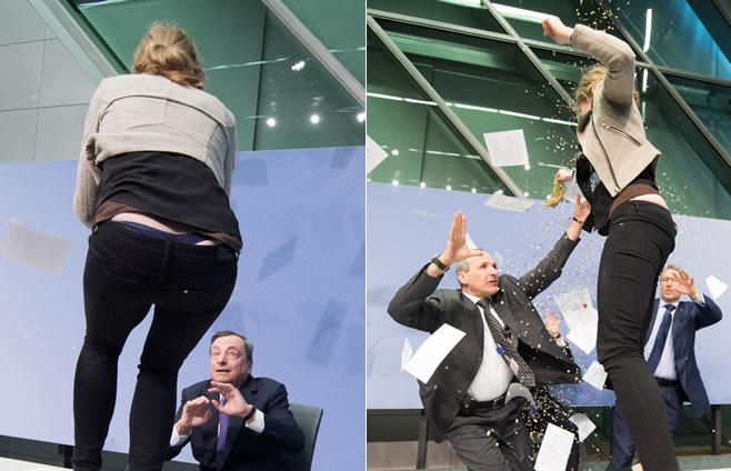 女子袭击欧洲央行主席 抗议独裁被抬走
