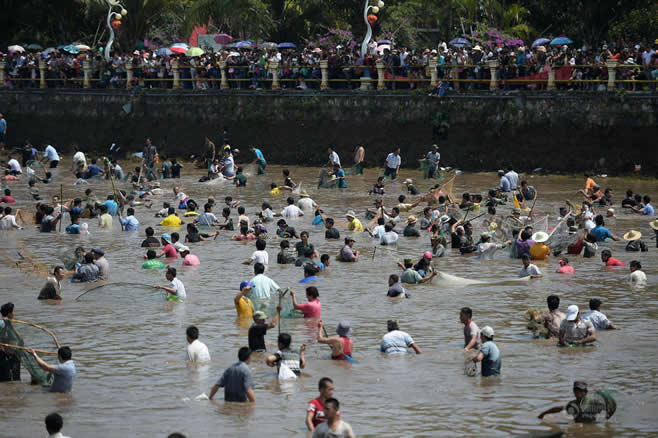 云南孟连县举行神鱼节 上万人下南垒河捕鱼