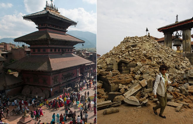 尼泊尔强震前后对比 多处历史名胜成废墟