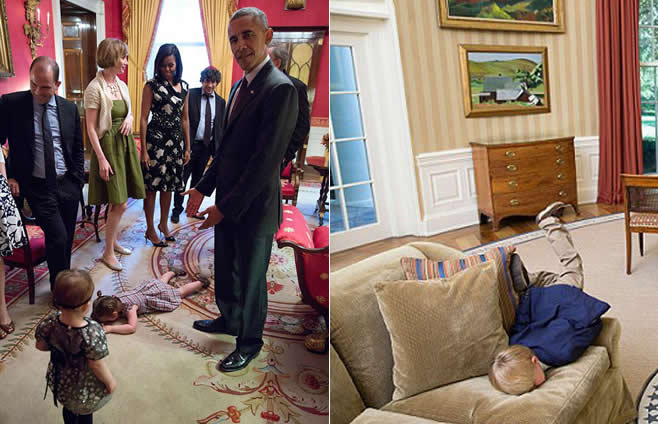 小女孩在白宫抢镜奥巴马 趴地上大发脾气
