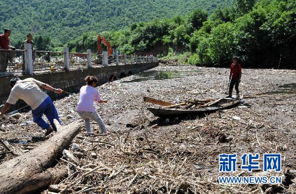 8月2日,吉林省白山市三道沟镇几位农民正在打捞柴草,木材.图片