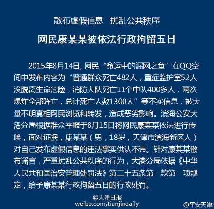 天津爆炸事件网民散布群众死亡482人不实信息被行拘